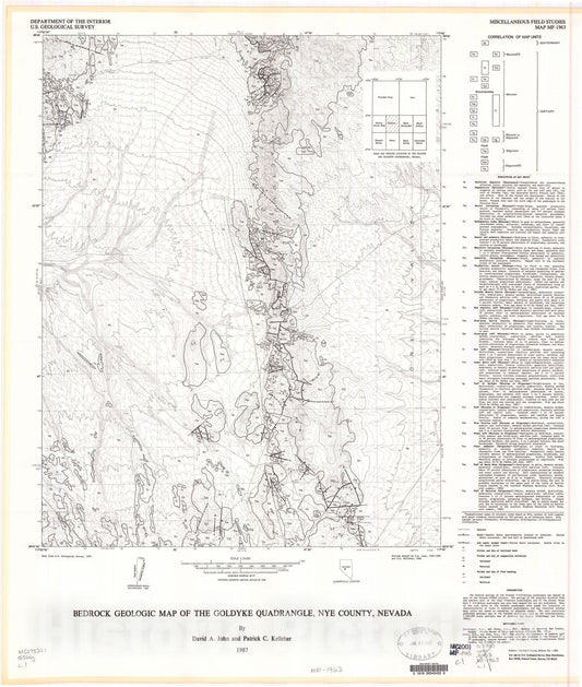 Map : Geologic map of the Goldyke quadrangle, Nye County, Nevada, 1987 Cartography Wall Art :