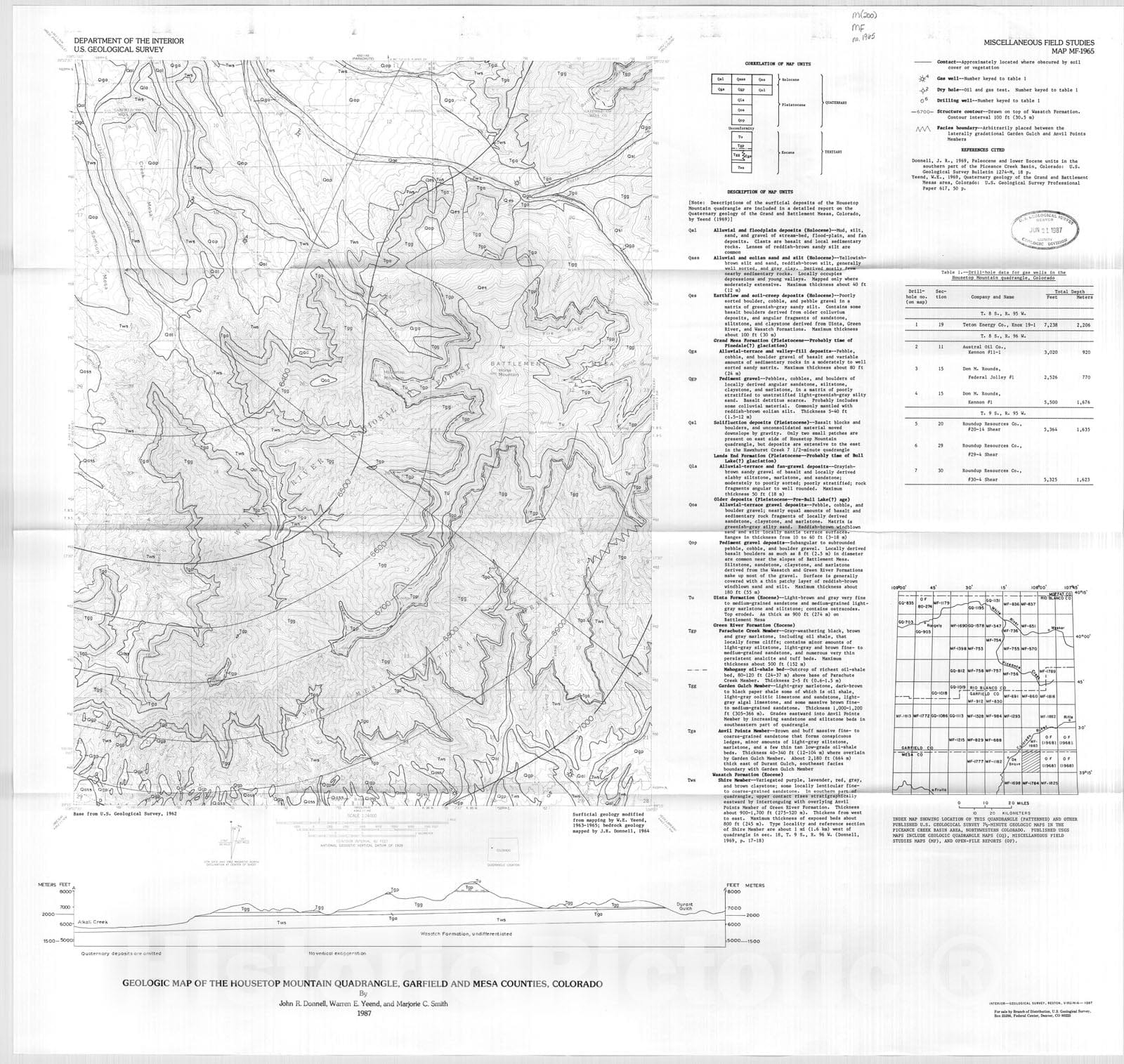 Map : Geologic map of the Housetop Mountain quadrangle, Garfield and Mesa Counties, Colorado, 1987 Cartography Wall Art :