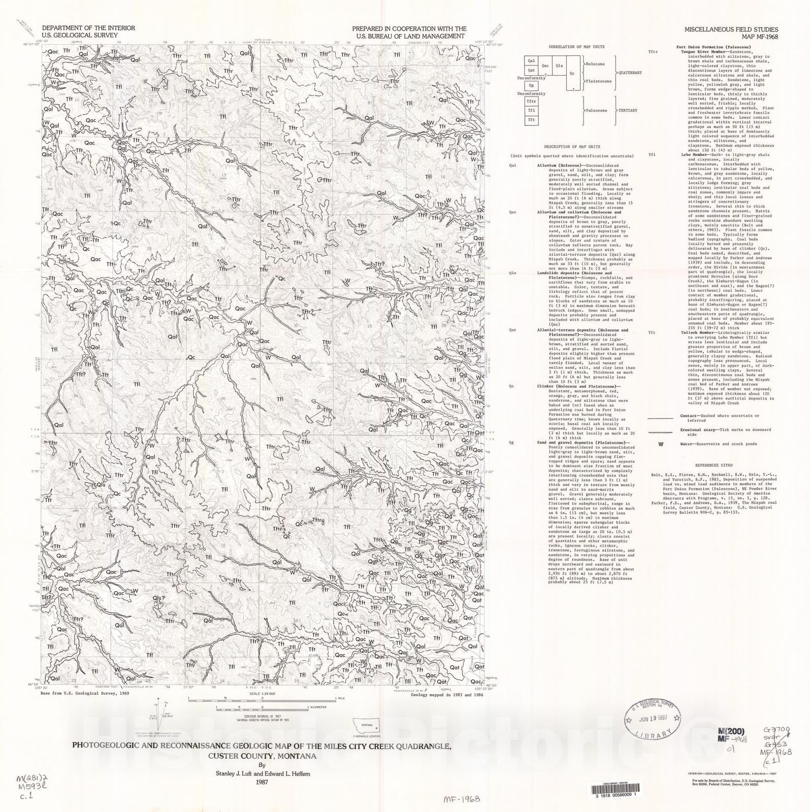 Map : Photogeologic and reconnaissance geologic map of the Miles City Creek quadrangle, Custer County, Montana, 1987 Cartography Wall Art :