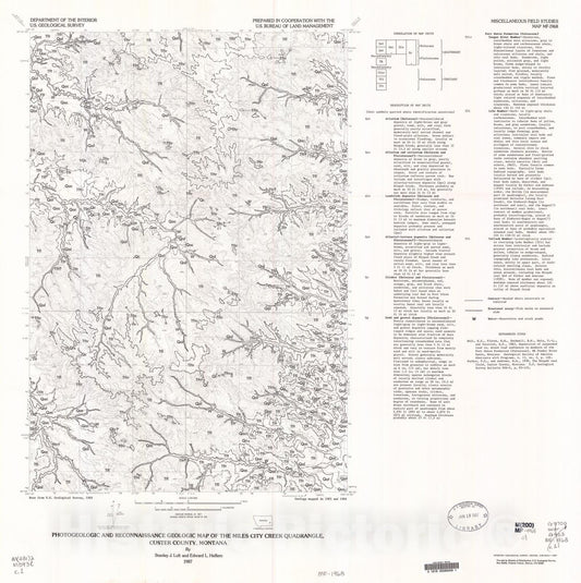 Map : Photogeologic and reconnaissance geologic map of the Miles City Creek quadrangle, Custer County, Montana, 1987 Cartography Wall Art :