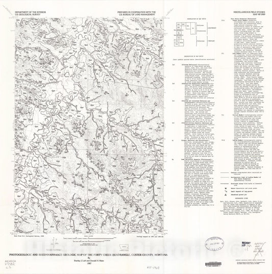 Map : Photogeologic and reconnaissance geologic map of the Forty Creek quadrangle, Custer County, Montana, 1987 Cartography Wall Art :