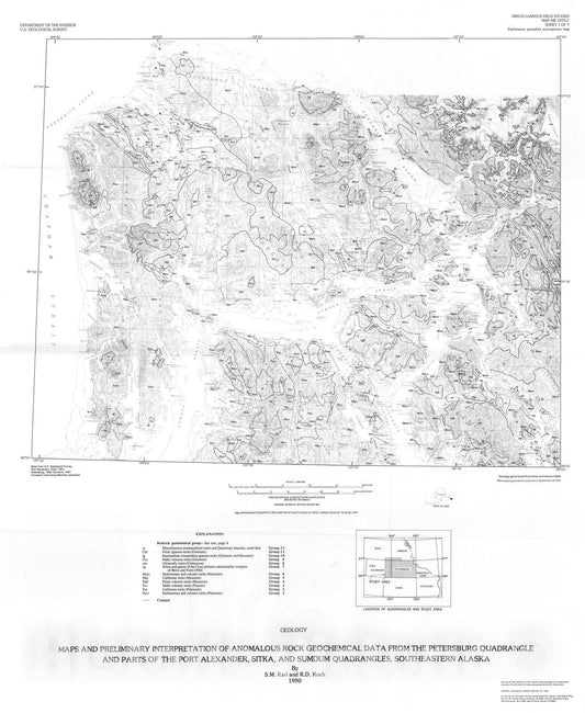 Map : Maps and preliminary interpretation of anomalous rock geochemical data from the Petersburg quadrangle and parts of the Port Alexan, 1990 Cartography Wall Art :