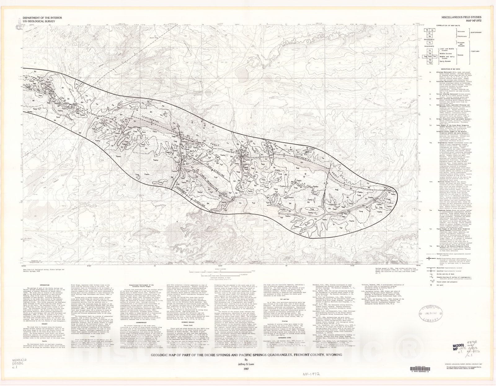 Map : Geologic map of part of the Dickie Springs and Pacific Springs quadrangles, Fremont County, Wyoming, 1987 Cartography Wall Art :