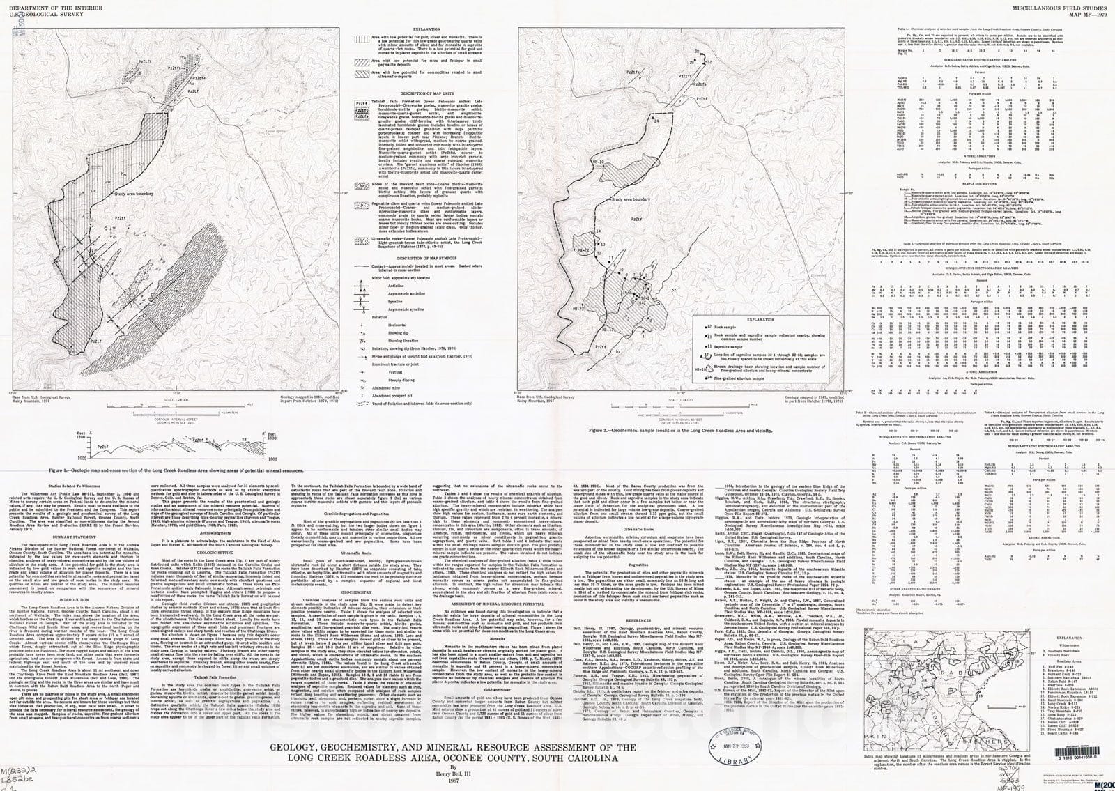Map : Geology, geochemistry, and mineral resource assessment of the Long Creek Roadless Area, Oconee County, South Carolina, 1987 Cartography Wall Art :
