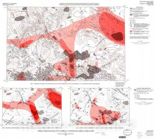 Map : Summary geochemical maps of the Harrison one degree x two degrees quadrangle, Arkansas and Missouri, one988 Cartography Wall Art :