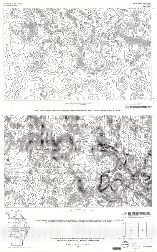 Map : Geophysical maps and interpretation of basement terrane in the Harrison one degree x two degrees quadrangle, Missouri and Arkansas, one989 Cartography Wall Art :