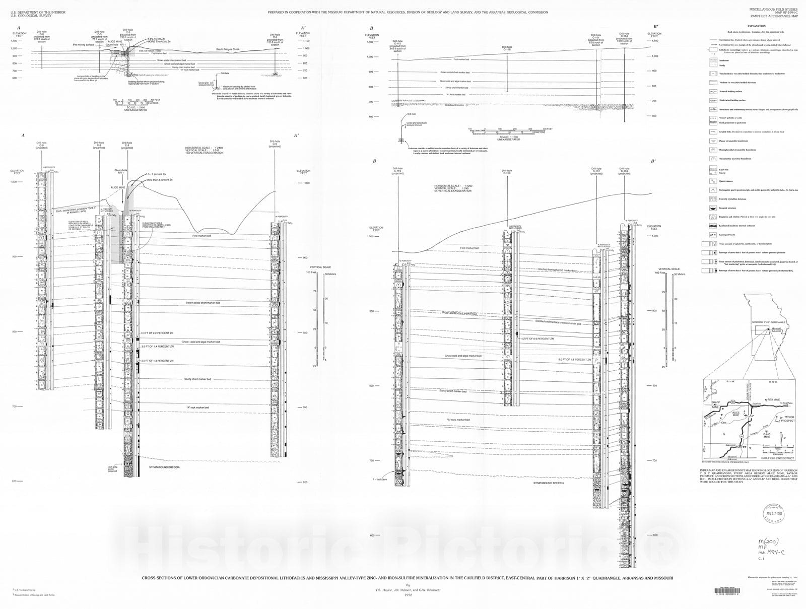 Map : Cross sections of Lower Ordovician carbonate depositional lithofacies and Mississippi Valley-type zinc- and iron-sulfide mineraliz, 1992 Cartography Wall Art :