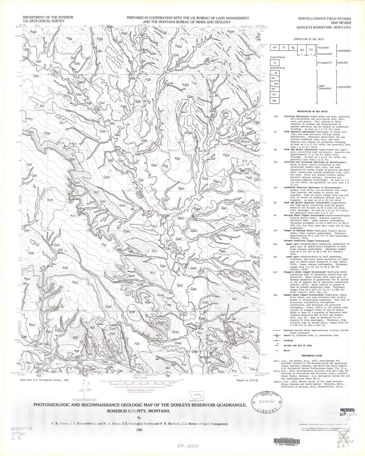 Map : Photogeologic and reconnaissance geologic map of the Donleys Reservoir quadrangle, Rosebud County, Montana, 1987 Cartography Wall Art :