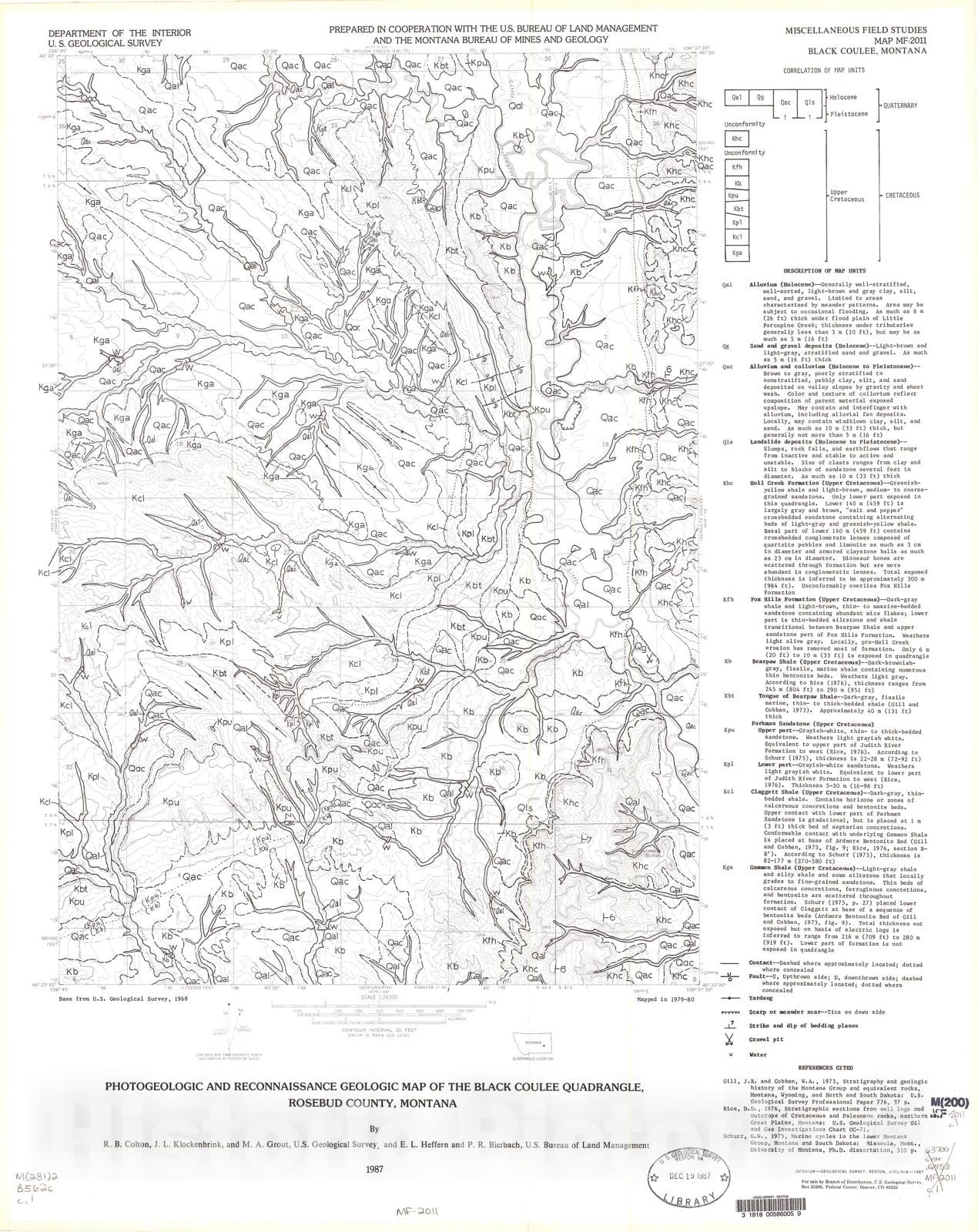 Map : Photogeologic and reconnaissance geologic map of the Black Coulee quadrangle, Rosebud County, Montana, 1987 Cartography Wall Art :