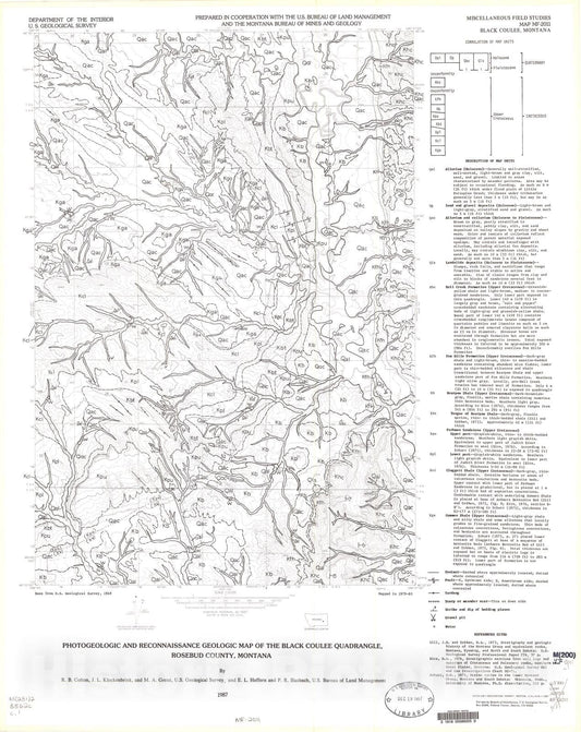 Map : Photogeologic and reconnaissance geologic map of the Black Coulee quadrangle, Rosebud County, Montana, 1987 Cartography Wall Art :