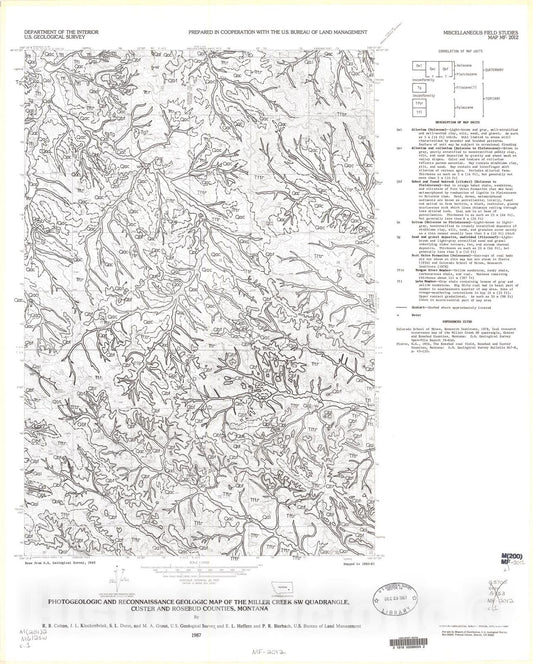 Map : Photogeologic and reconnaissance geologic map of the Miller Creek SW quadrangle, Custer and Rosebud Counties, Montana, 1987 Cartography Wall Art :