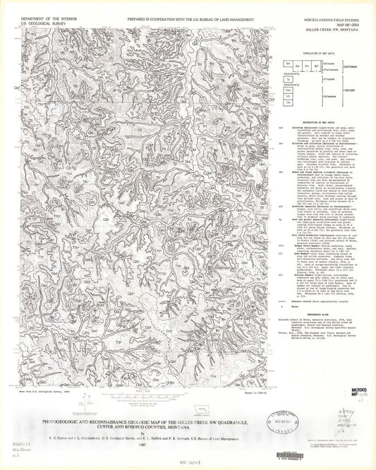 Map : Photogeologic and reconnaissance geologic map of the Miller Creek NW quadrangle, Custer and Rosebud Counties, Montana, 1987 Cartography Wall Art :