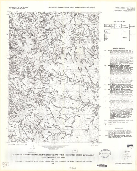 Map : Photogeologic and reconnaissance geologic map of the Moon Creek School quadrangle, Custer County, Montana, 1987 Cartography Wall Art :