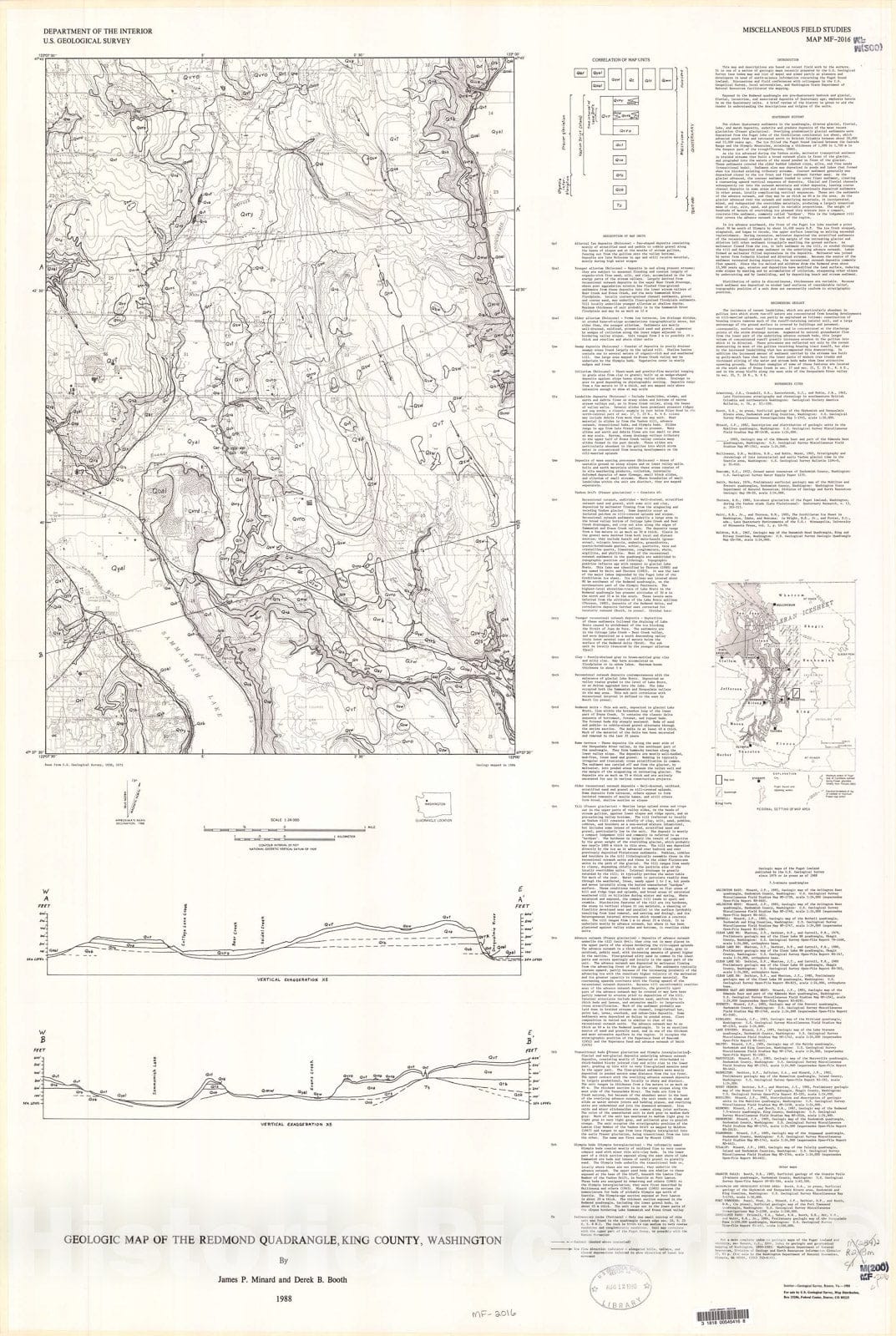 Map : Geologic map of the Redmond quadrangle, King County, Washington, 1988 Cartography Wall Art :