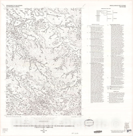 Map : Photogeologic and reconnaissance geologic map of the Jack Creek quadrangle, Custer County, Montana, 1988 Cartography Wall Art :