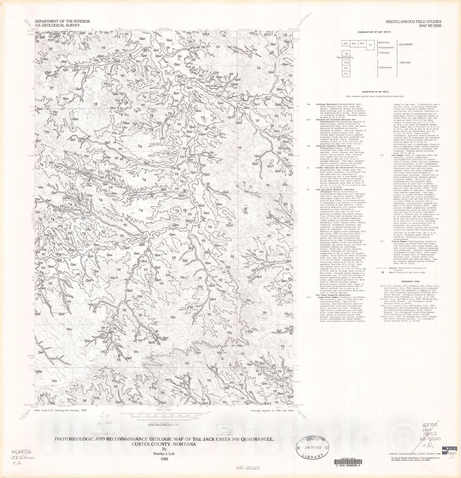 Map : Photogeologic and reconnaissance geologic map of the Jack Creek NW quadrangle, Custer County, Montana, 1988 Cartography Wall Art :