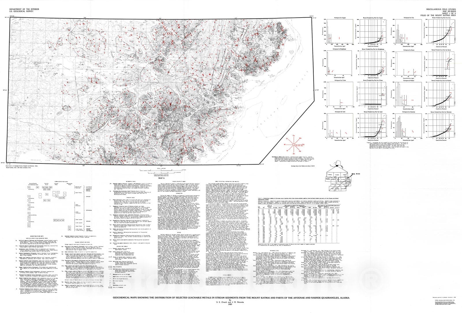 Map : Geochemical maps showing the distribution of selected leachable metals in stream sediments from the Mount Katmai, 1989 Cartography Wall Art :