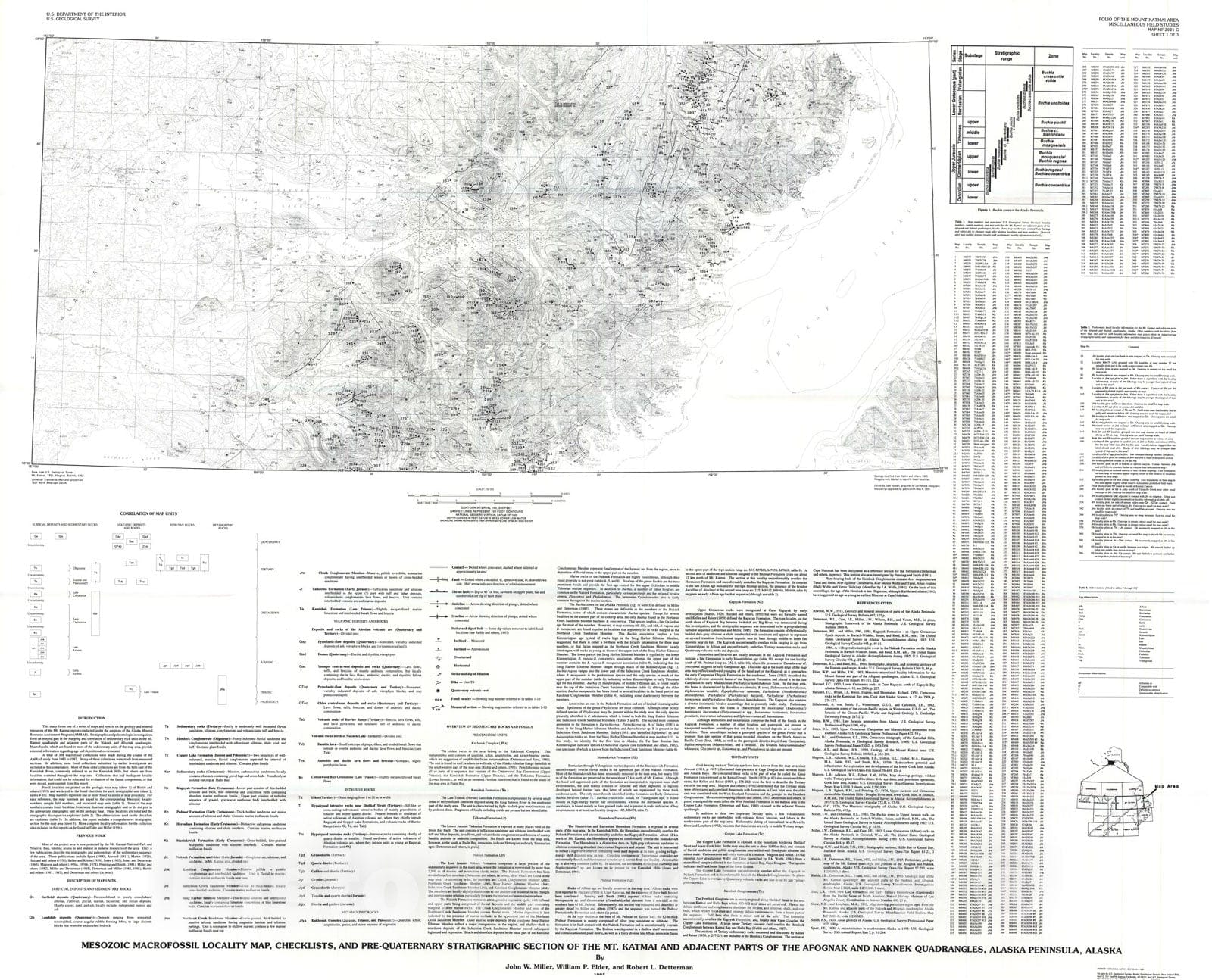 Map : Mesozoic macrofossil locality map, checklists, and pre-Quaternary stratigraphic section of the Mt. Katmai and adjacent parts of th, 1995 Cartography Wall Art :