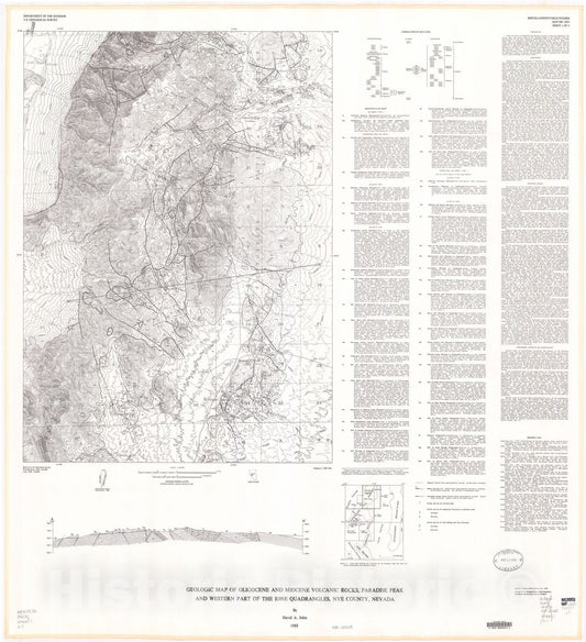 Map : Geologic map of Oligocene and Miocene volcanic rocks, Paradise Peak and western part of the Ione quadrangle, Nye County, Nevada, 1988 Cartography Wall Art :