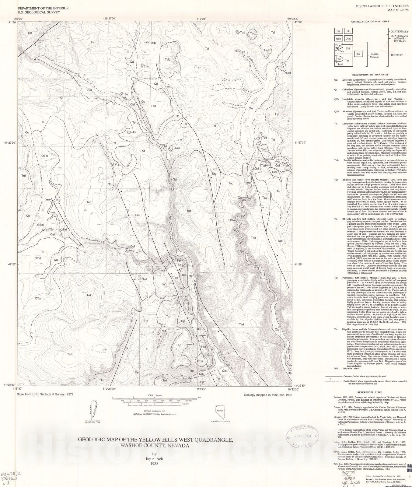 Map : Geologic map of the Yellow Hills West quadrangle, Washoe County, Nevada, 1988 Cartography Wall Art :