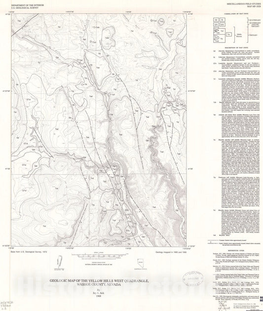 Map : Geologic map of the Yellow Hills West quadrangle, Washoe County, Nevada, 1988 Cartography Wall Art :