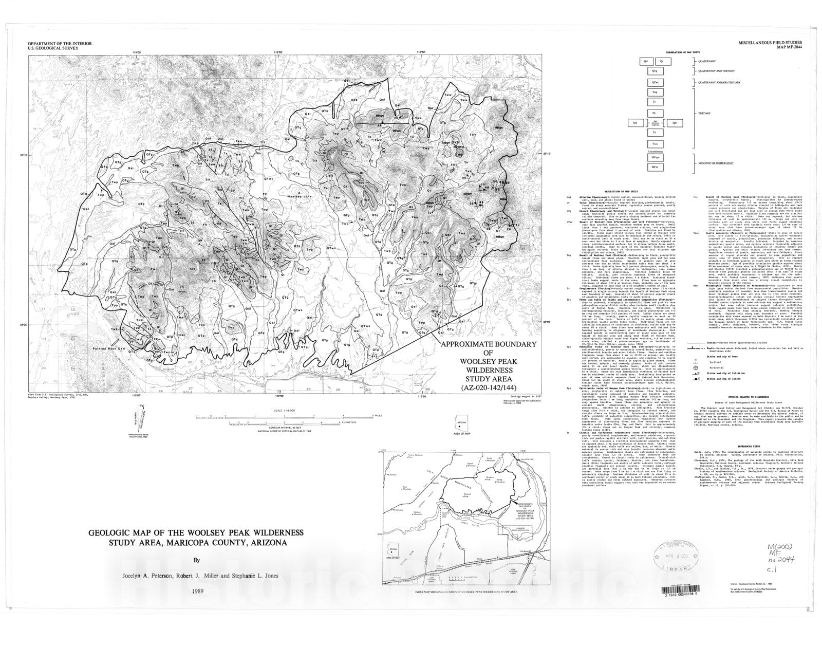 Map : Geologic map of the Woolsey Peak Wilderness Study Area, Maricopa County, Arizona, 1989 Cartography Wall Art :