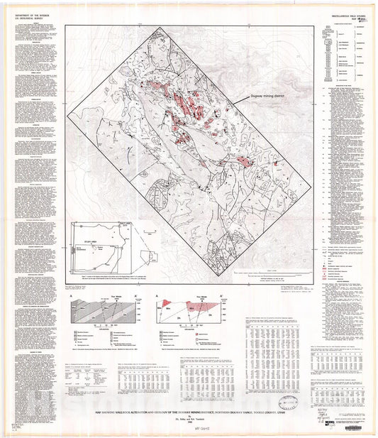 Map : Map showing wall rock alteration and geology of the Dugway mining district, northern Dugway Range, Tooele County, Utah, 1988 Cartography Wall Art :