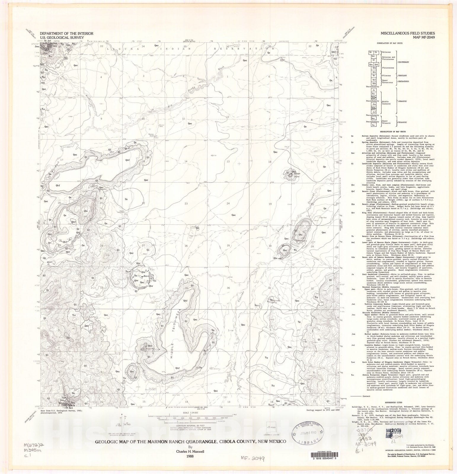 Map : Geologic map of the Marmon Ranch quadrangle, Cibola County, New Mexico, 1988 Cartography Wall Art :