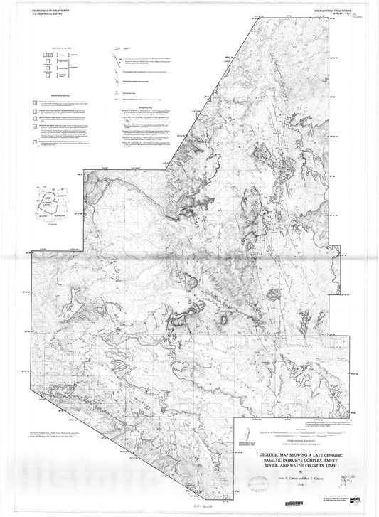 Map : Geologic map showing a Late Cenozoic basaltic intrusive complex, Emery, Sevier, and Wayne Counties, Utah, 1988 Cartography Wall Art :