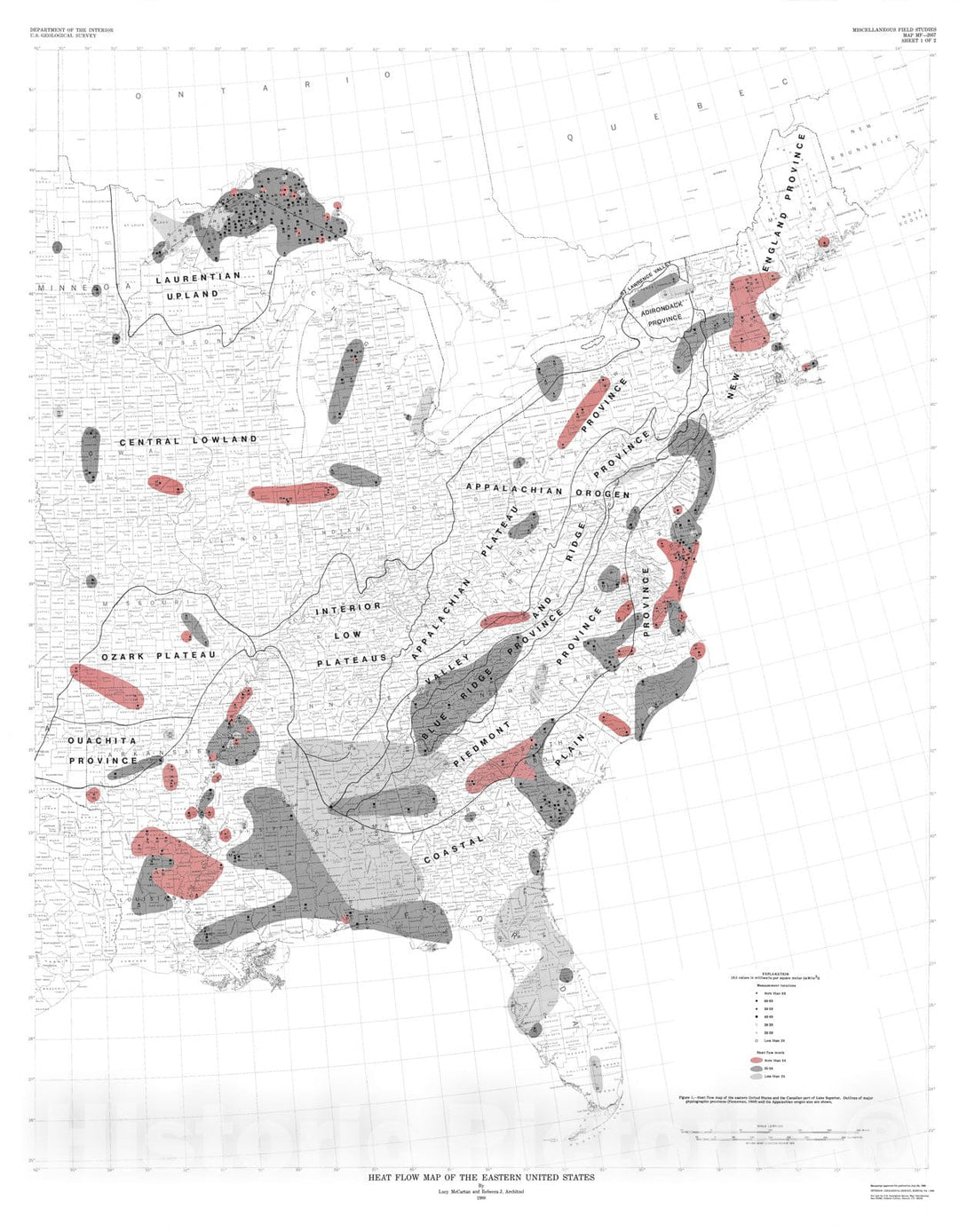 Map : Heat flow map of the eastern United States, 1988 Cartography Wall Art :
