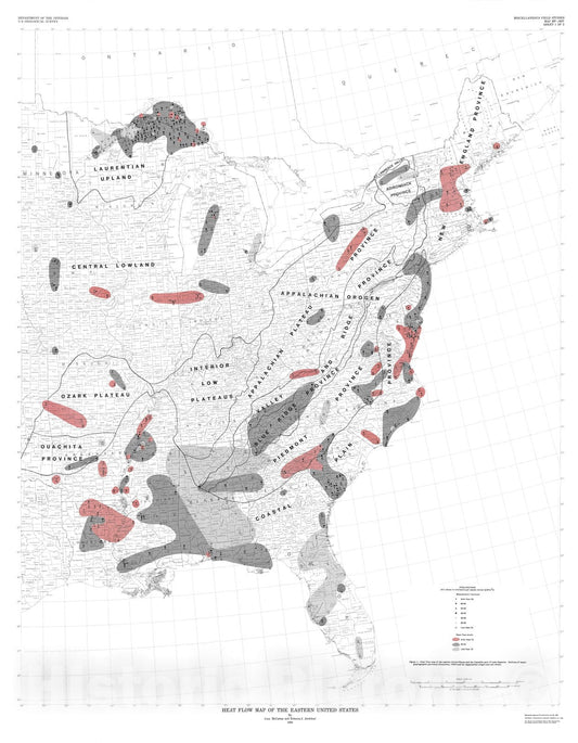 Map : Heat flow map of the eastern United States, 1988 Cartography Wall Art :