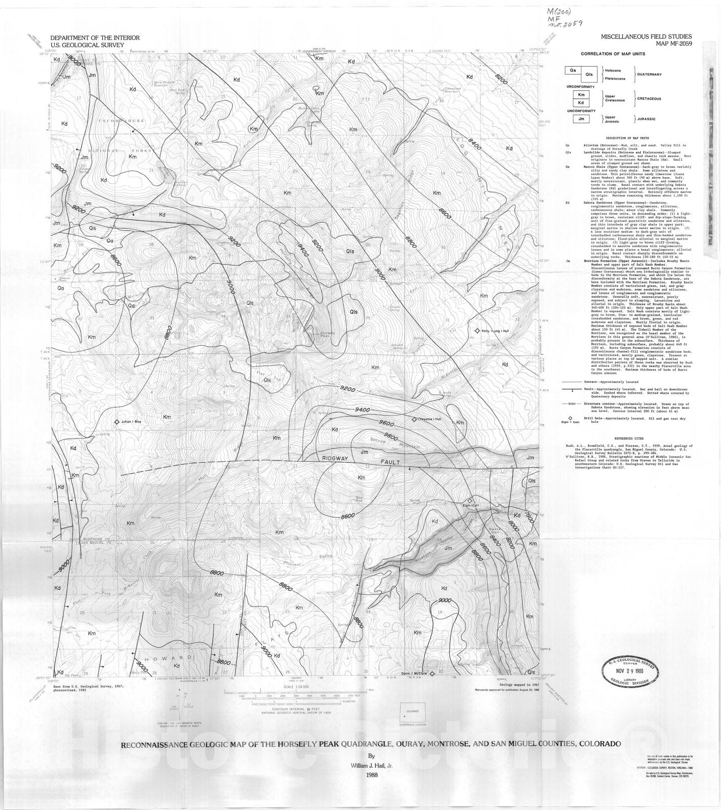 Map : Reconnaissance geologic map of the Horsefly Peak quadrangle, Ouray, Montrose, and San Miguel Counties, Colorado, 1988 Cartography Wall Art :