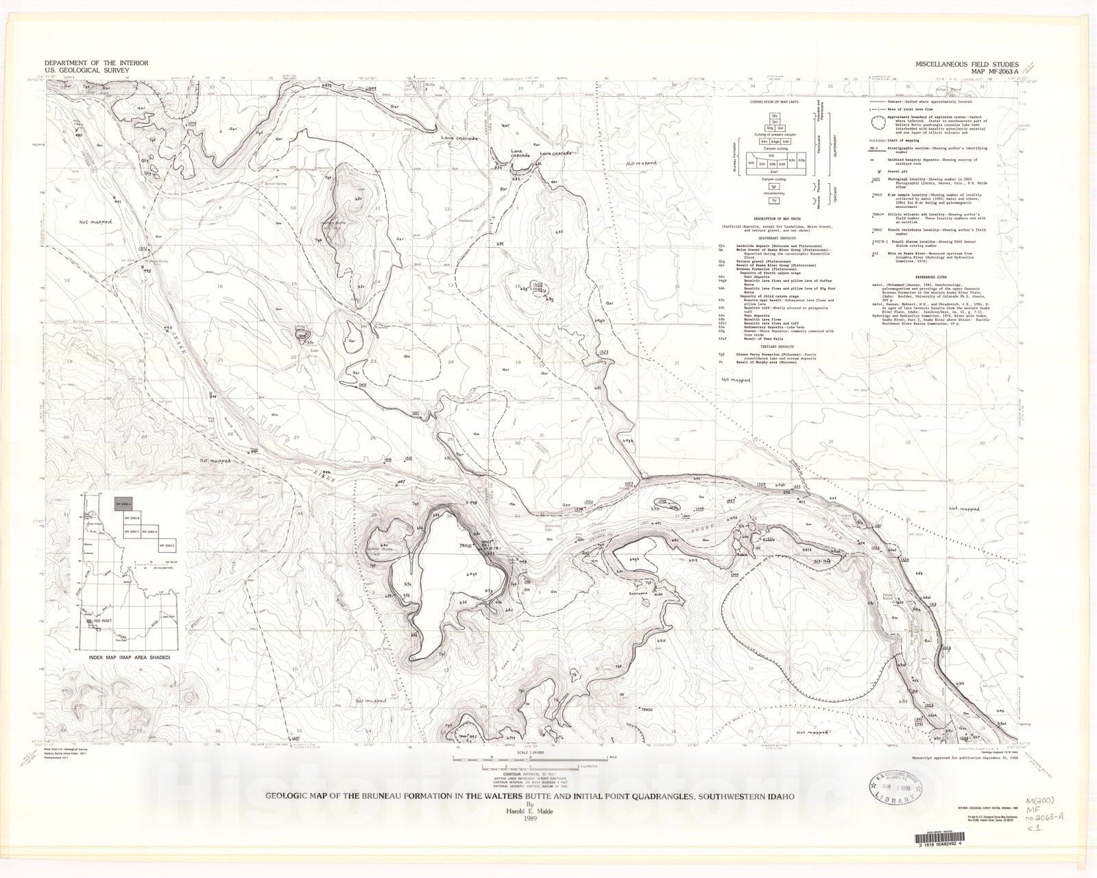 Map : Geologic map of the Bruneau Formation in the Walters Butte and Initial Point quadrangles, southwestern Idaho, 1989 Cartography Wall Art :