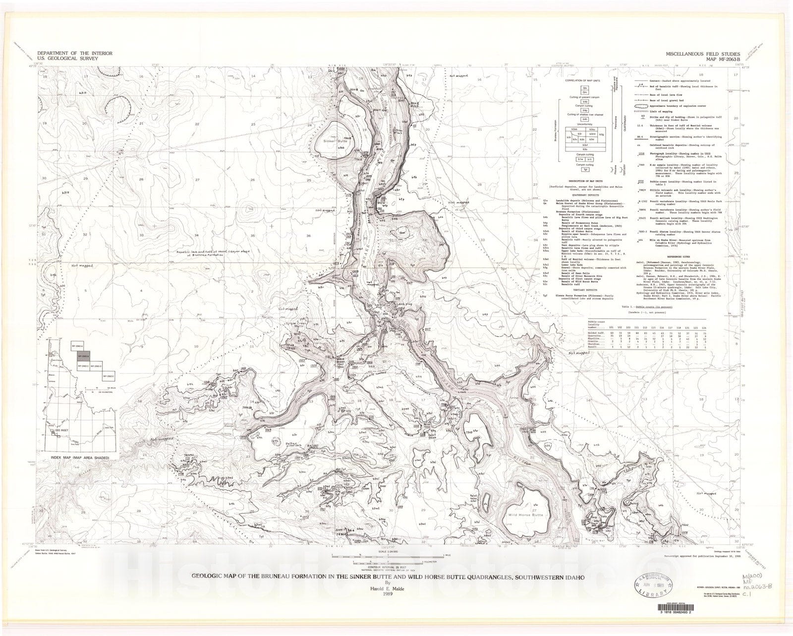 Map : Geologic map of the Bruneau Formation in the Sinker Butte and Wild Horse Butte quadrangles, southwestern Idaho, 1989 Cartography Wall Art :