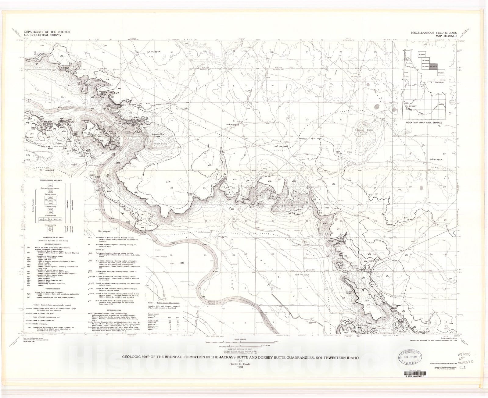 Map : Geologic map of the Bruneau Formation in the Jackass Butte and Dorsey Butte quadrangles, southwestern Idaho, 1989 Cartography Wall Art :