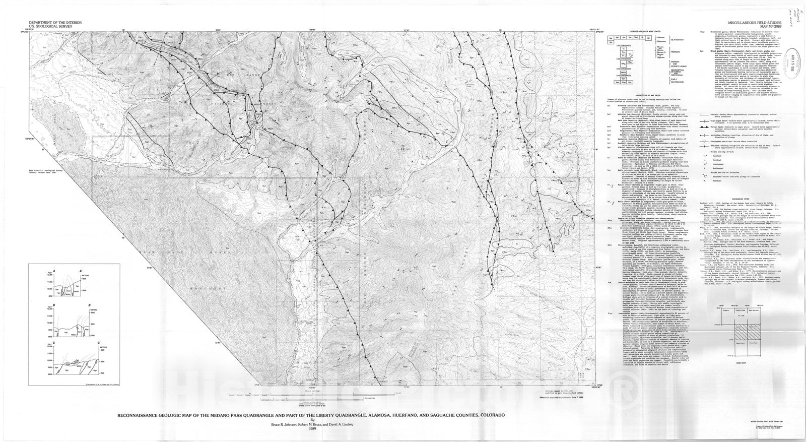 Map : Reconnaissance geologic map of the Medano Pass quadrangle and part of the Liberty quadrangle, Alamosa, Huerfano, and Saguache Counties, Colorado, 1989 Cartography Wall Art :
