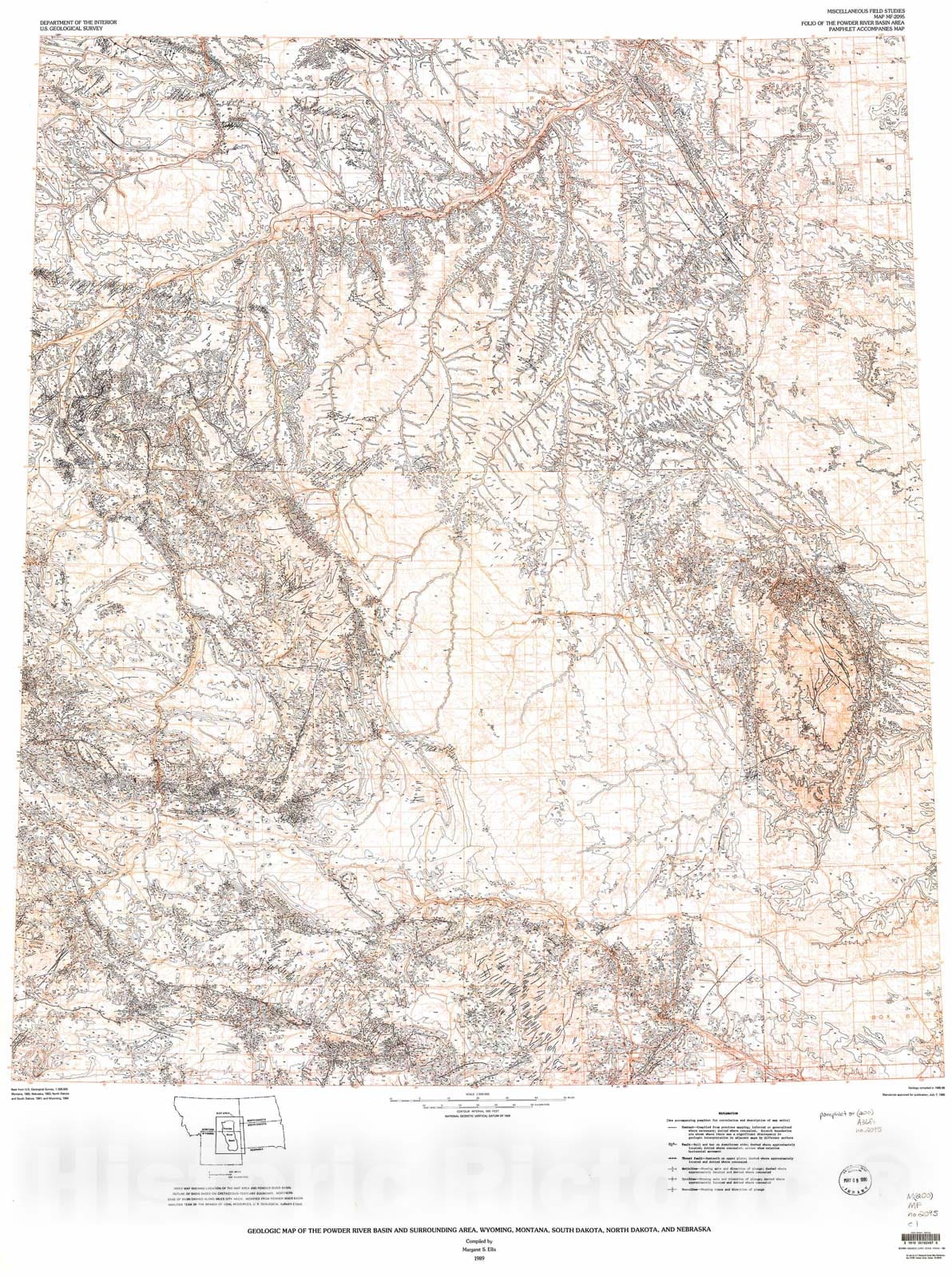 Map : Geologic map of the Powder River Basin and surrounding area, Wyoming, Montana, South Dakota, North Dakota, and Nebraska, 1989 Cartography Wall Art :