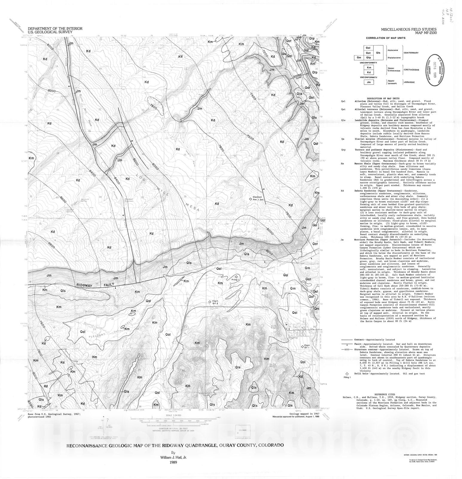 Map : Reconnaissance geologic map of the Ridgway quadrangle, Ouray County, Colorado, 1989 Cartography Wall Art :