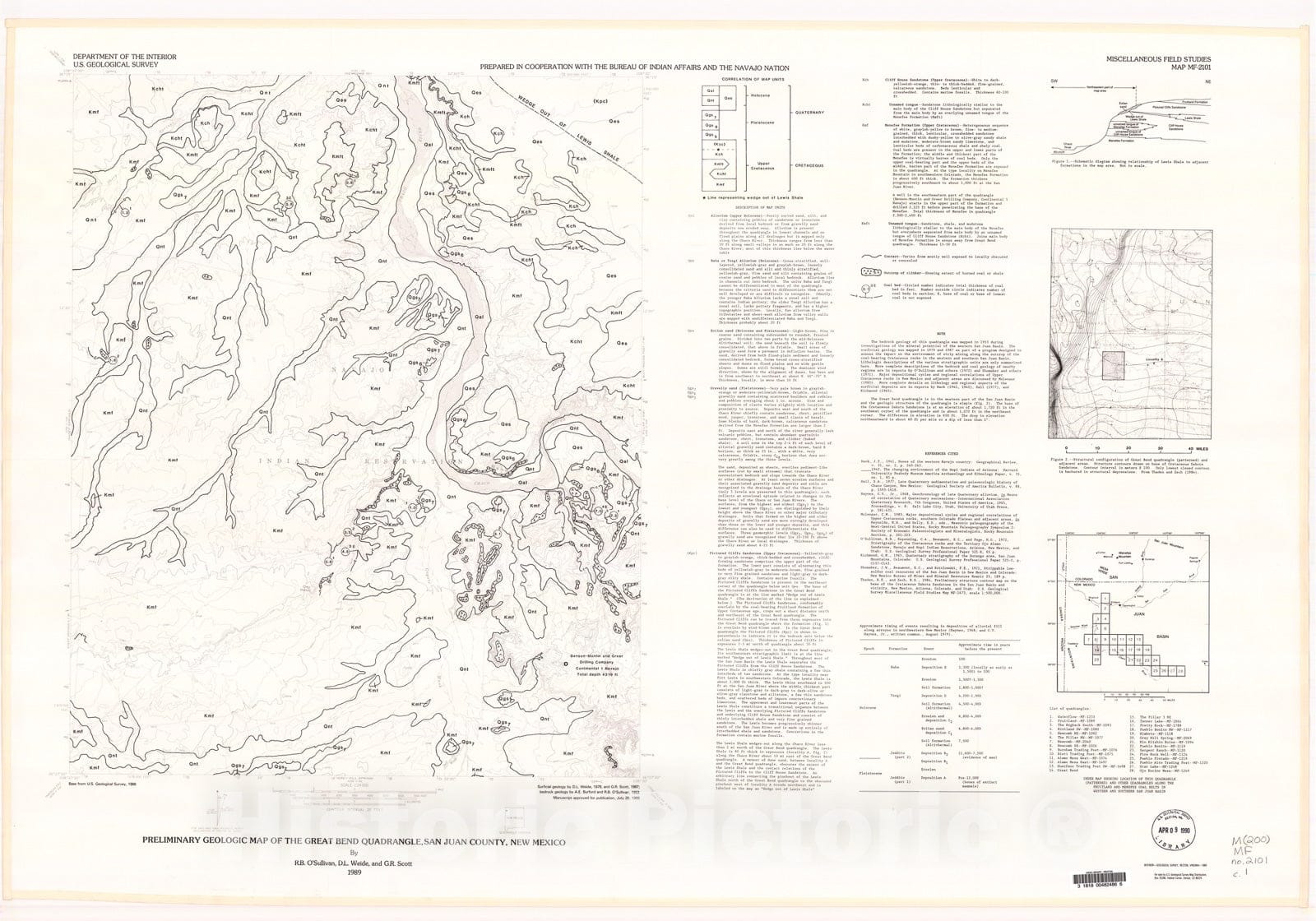 Map : Preliminary geologic map of the Great Bend quadrangle, San Juan County, New Mexico, 1989 Cartography Wall Art :