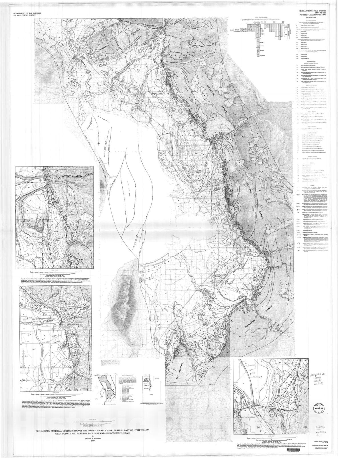 Map : Preliminary surficial geologic map of the Wasatch fault zone, Utah Valley, Utah County and parts of Salt Lake and Juab Counties, Utah, 1989 Cartography Wall Art :