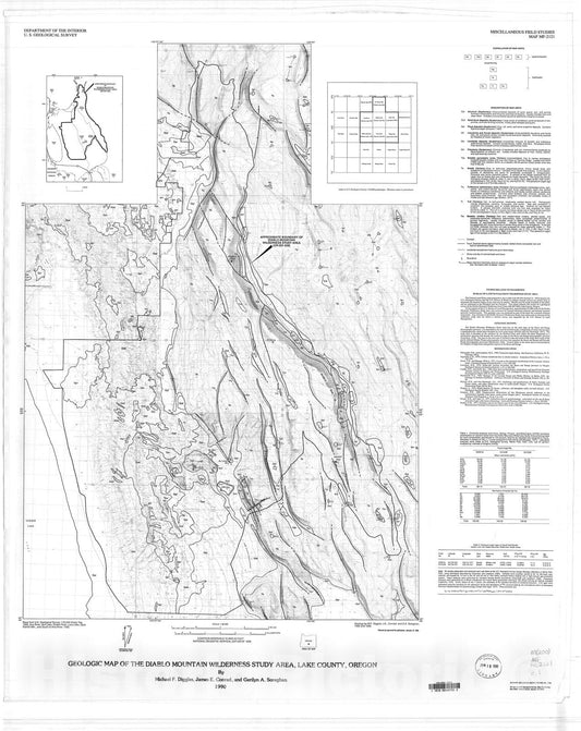 Map : Geologic map of the Diablo Mountain Wilderness Study Area, Lake County, Oregon, 1990 Cartography Wall Art :