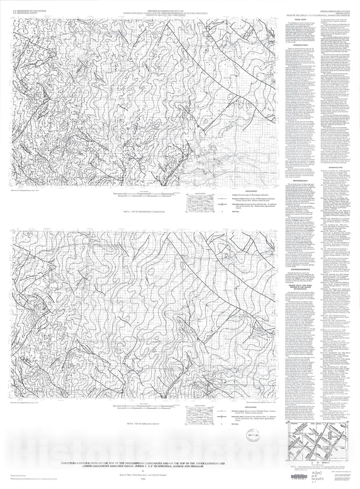 Map : Structure-contour maps on the top of the Mississippian carbonates and on the top of the Upper Cambrian and Lower Ordovician Arbuck, 1992 Cartography Wall Art :