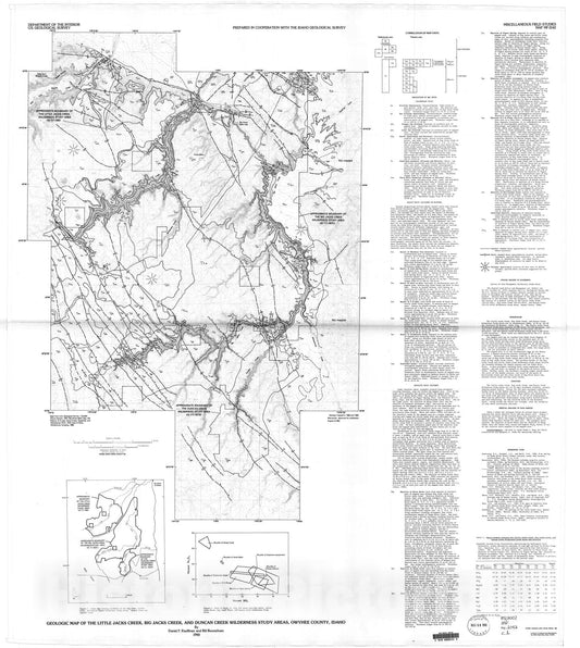 Map : Geologic map of the Little Jacks Creek, Big Jacks Creek, and Duncan Creek Wilderness Study Areas, Owyhee County, Idaho, 1990 Cartography Wall Art :