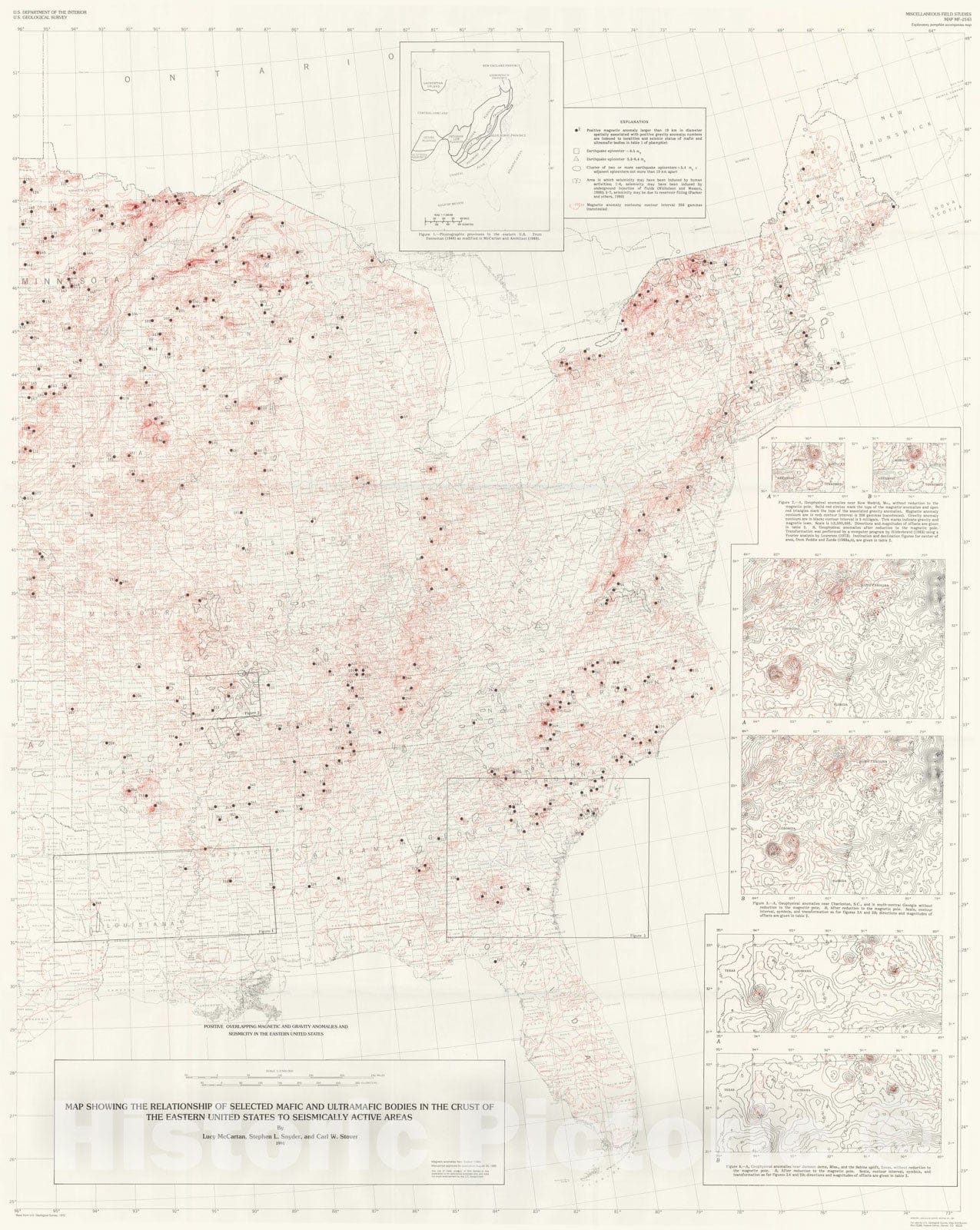 Map : Map showing the relationship of selected mafic and ultramafic bodies in the crust of the eastern United States to seismically active areas, 1991 Cartography Wall Art :