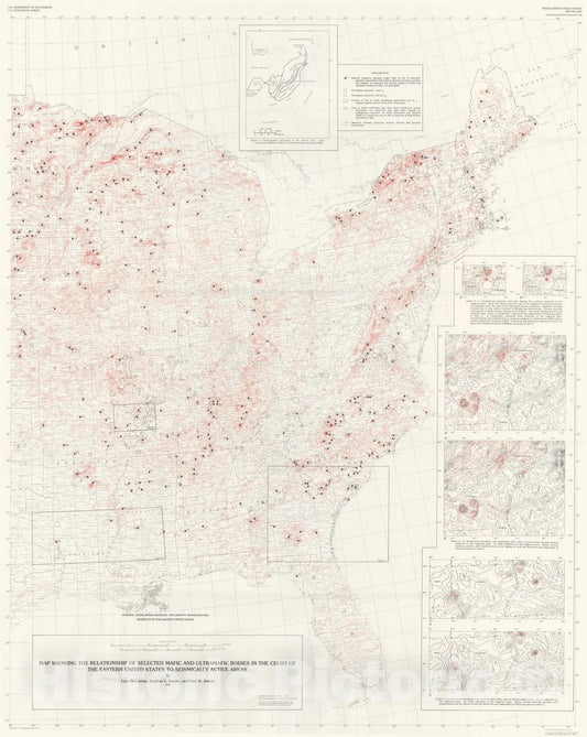 Map : Map showing the relationship of selected mafic and ultramafic bodies in the crust of the eastern United States to seismically active areas, 1991 Cartography Wall Art :