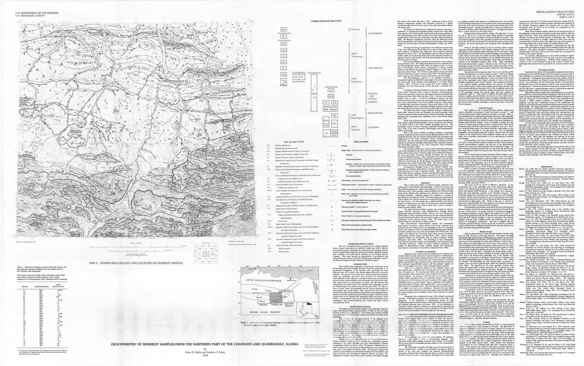 Map : Maps showing geochemistry of sediment samples from the northern part of the Chandler Lake quadrangle, Alaska, 1993 Cartography Wall Art :