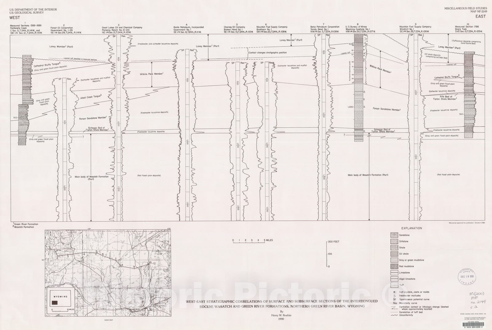 Map : West-east stratigraphic correlations of surface and subsurface sections of the intertongued Eocene Wasatch and Green River Formati, 1990 Cartography Wall Art :