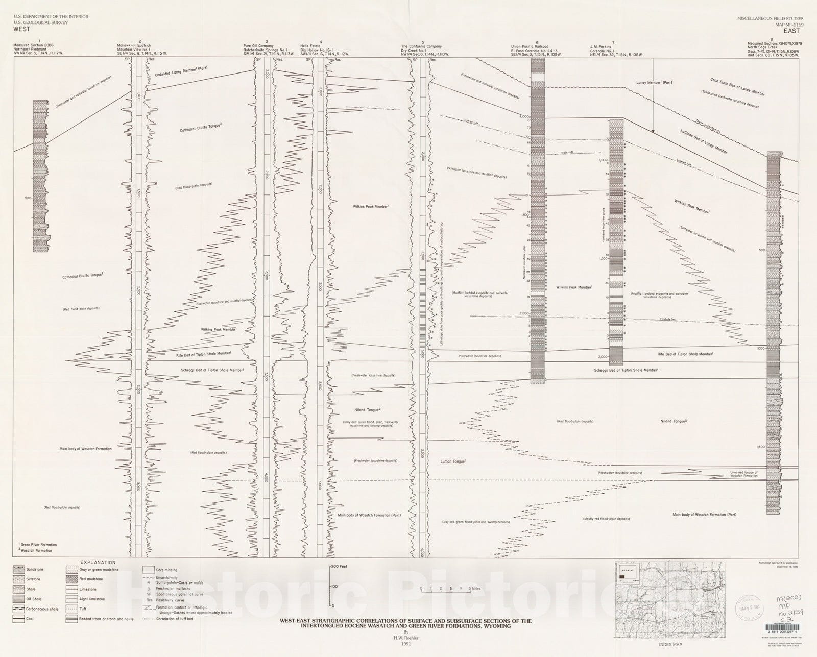 Map : West-east stratigraphic correlations of surface and subsurface sections of the intertongued Eocene Wasatch and Green River Formations, Wyoming, 1991 Cartography Wall Art :