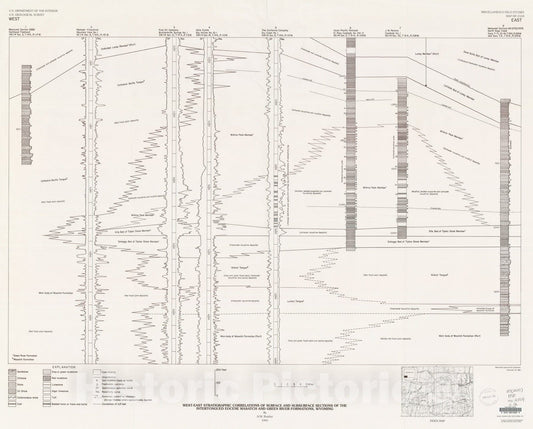 Map : West-east stratigraphic correlations of surface and subsurface sections of the intertongued Eocene Wasatch and Green River Formations, Wyoming, 1991 Cartography Wall Art :