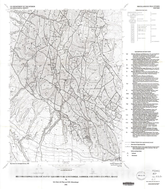 Map : Reconnaissance geologic map of Elkhorn Peak quadrangle, Bannock and Oneida Counties, Idaho, 1991 Cartography Wall Art :